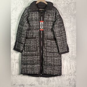NWT New Bernardo Black & White Wool Tweed Blend Heavy Puffer Jacket Size Medium